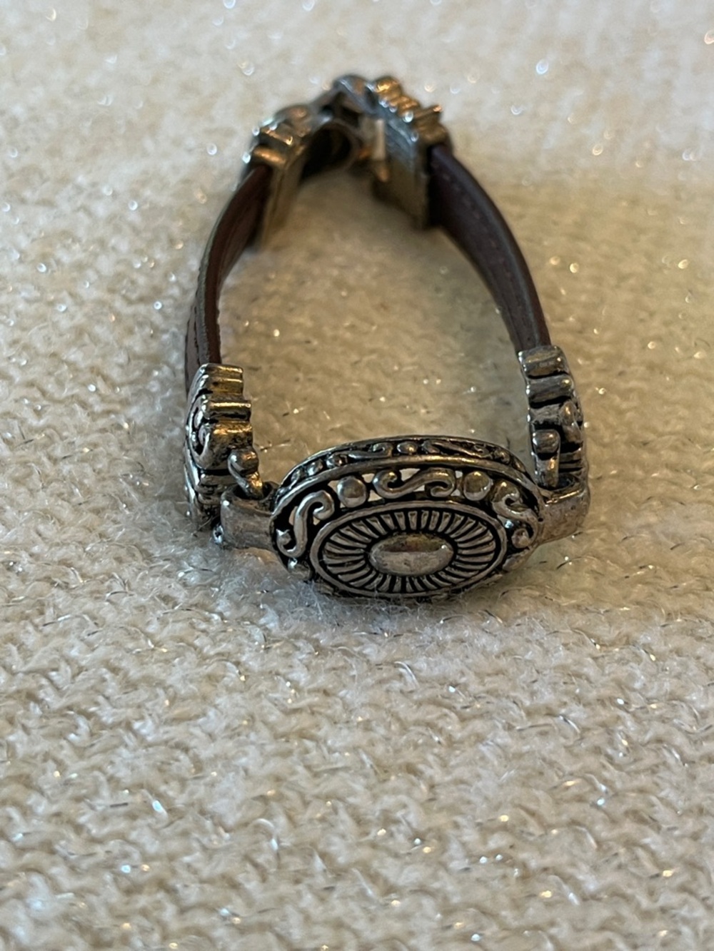 Silver-Tone Leather Bracelet with Ornate Oval Medallion